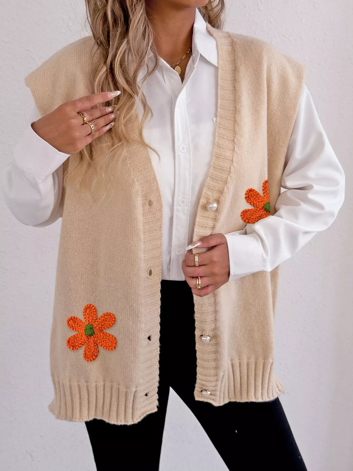 Flower V-Neck Sleeveless Cardigan - Lilixa.store