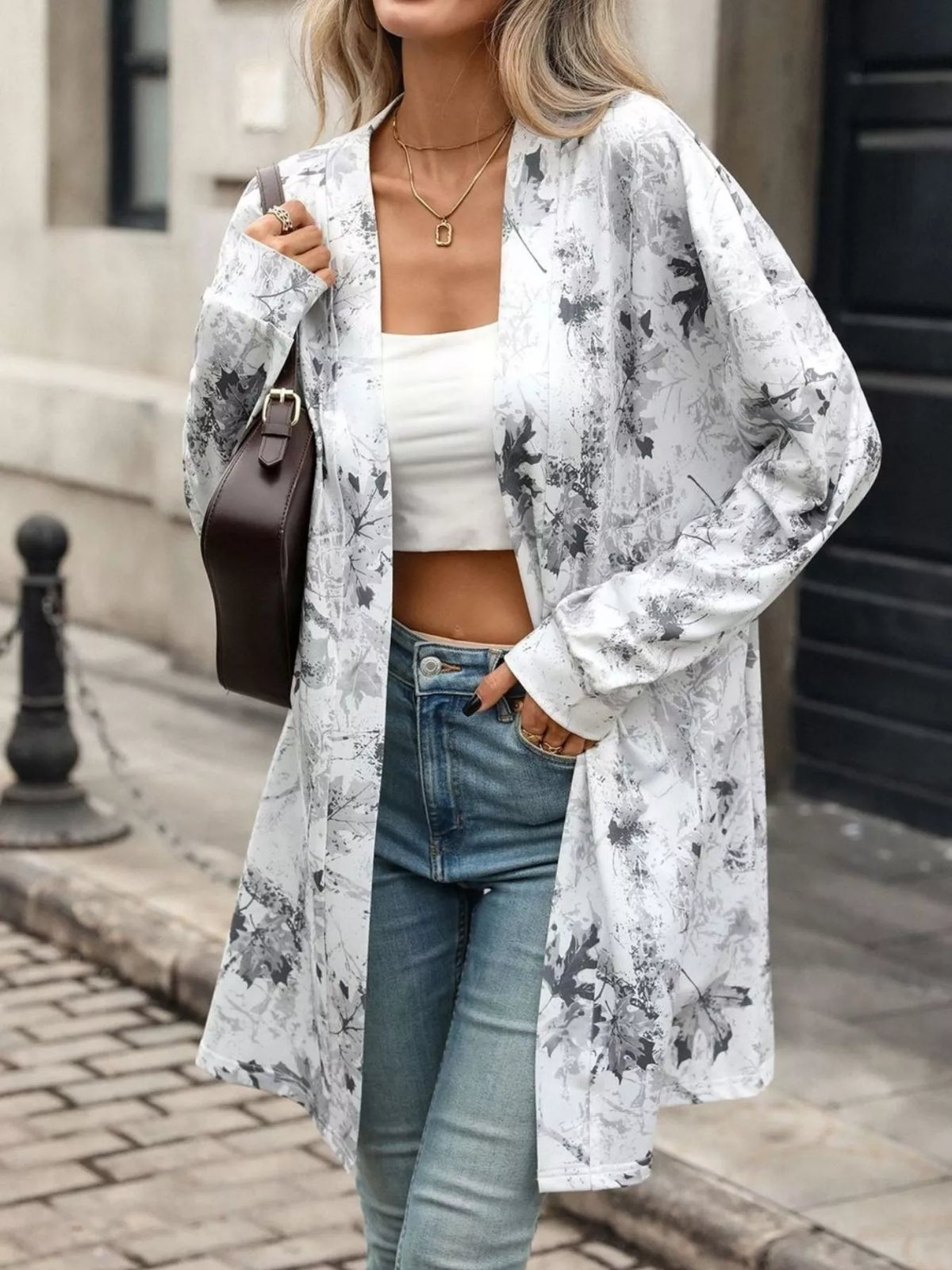 Printed Open Front Cardigan - Lilixa.store
