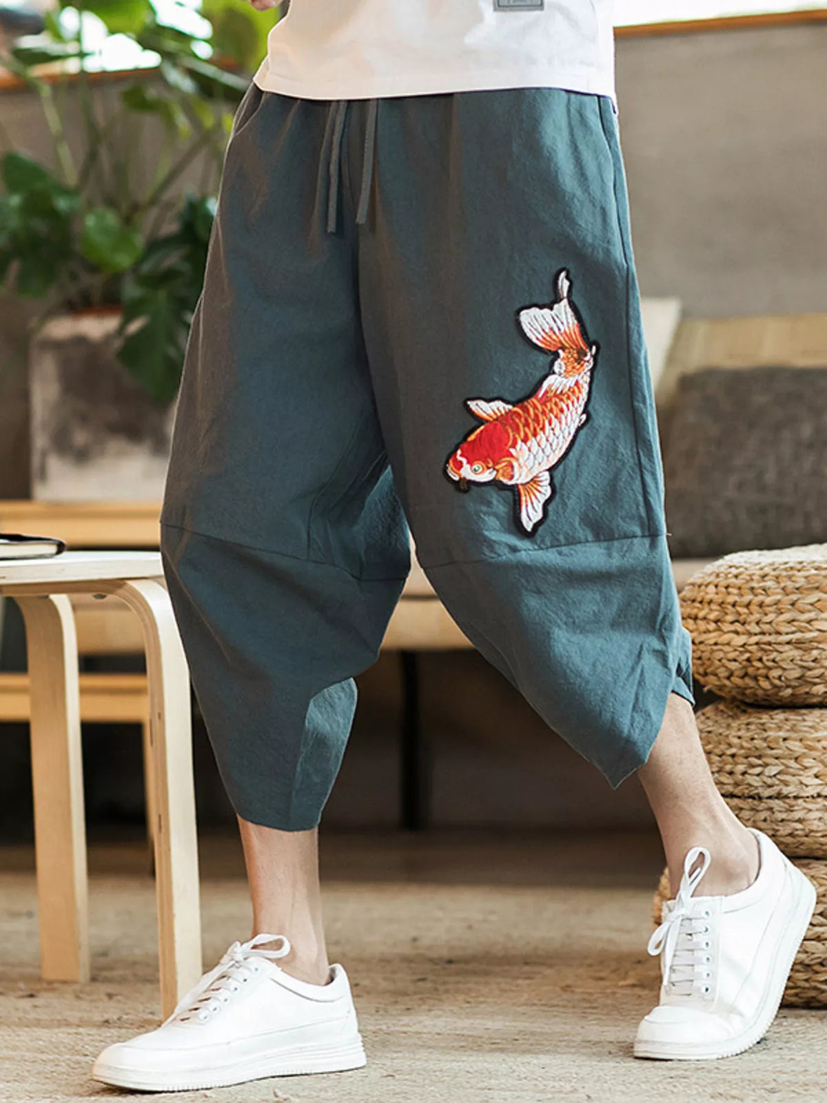 Men's Plus Size Embroidered Koi Fish Harem Pants in Grey