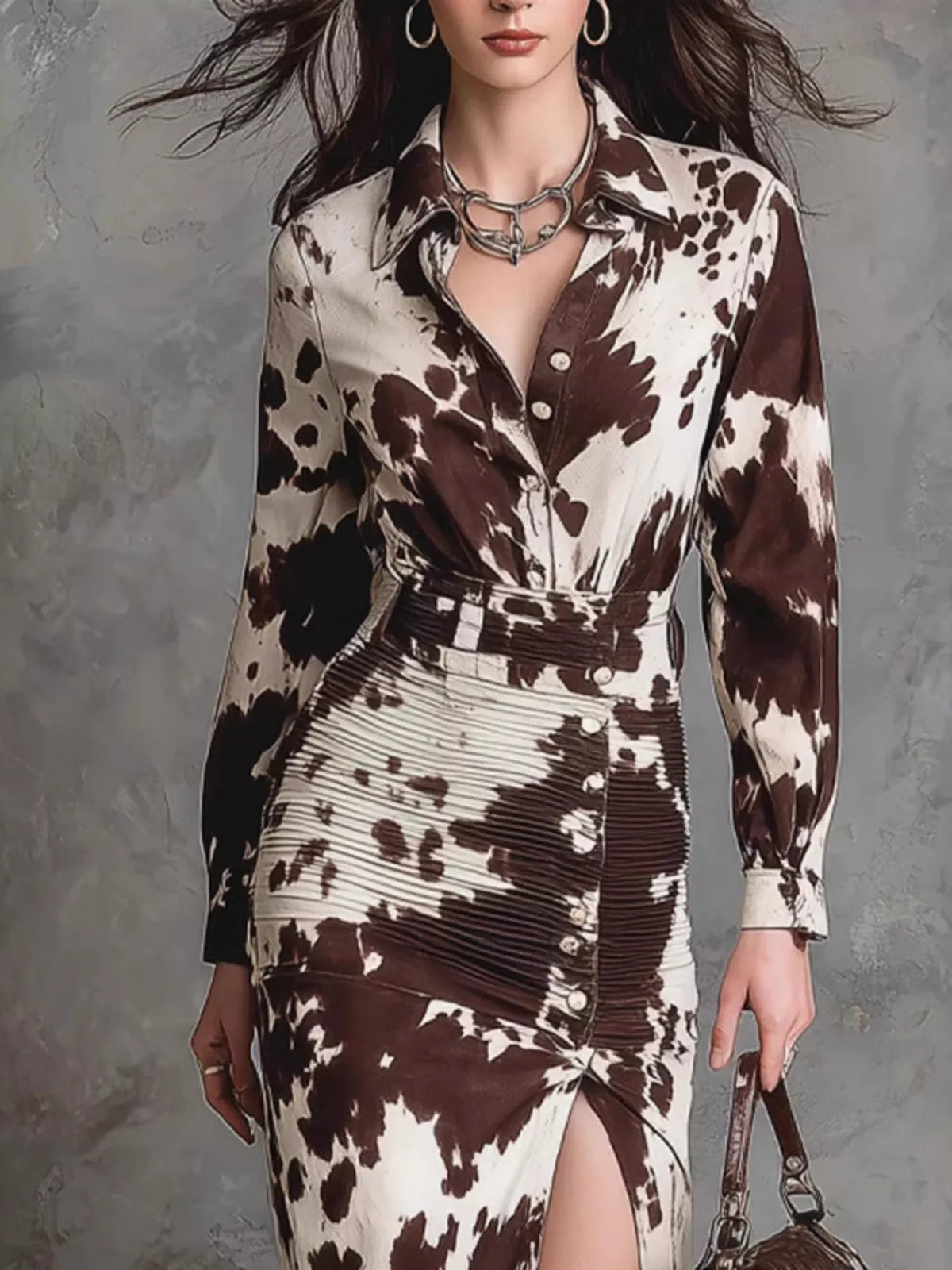 Cow Print Ruched Slit Shirt Maxi Dress - Lilixa.store