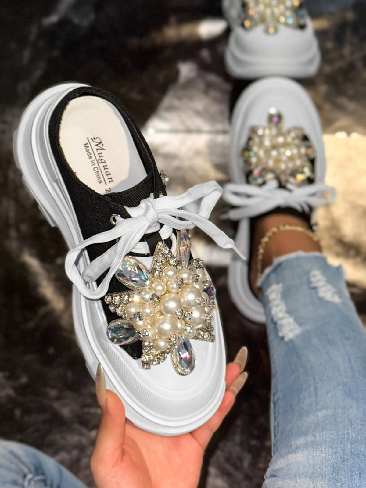 Pearl Embellished Platform Slip-Ons, view 2