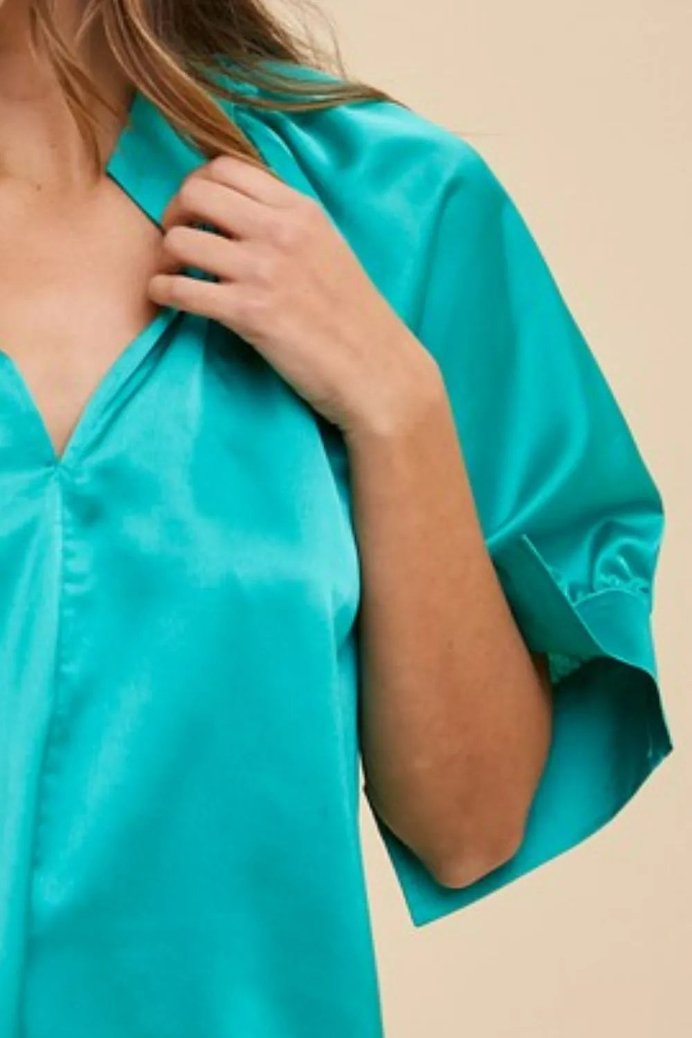 Annie Wear Satin V Neck Open Short Sleeve Woven Blouse Top - Lilixa.store