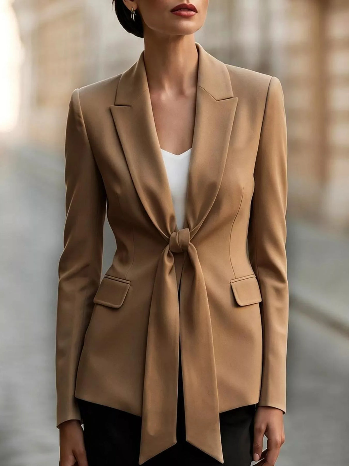 Tie-Front Lapel Collar Long Sleeve Blazer in Caramel