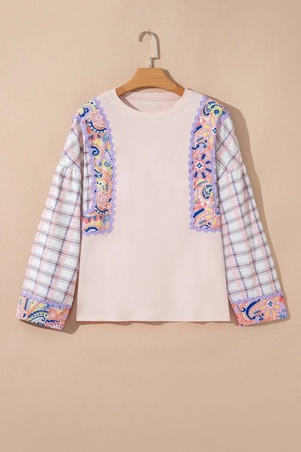 Paisley Print Plaid Long Sleeve Oversized Top in Blush Pink, view 4