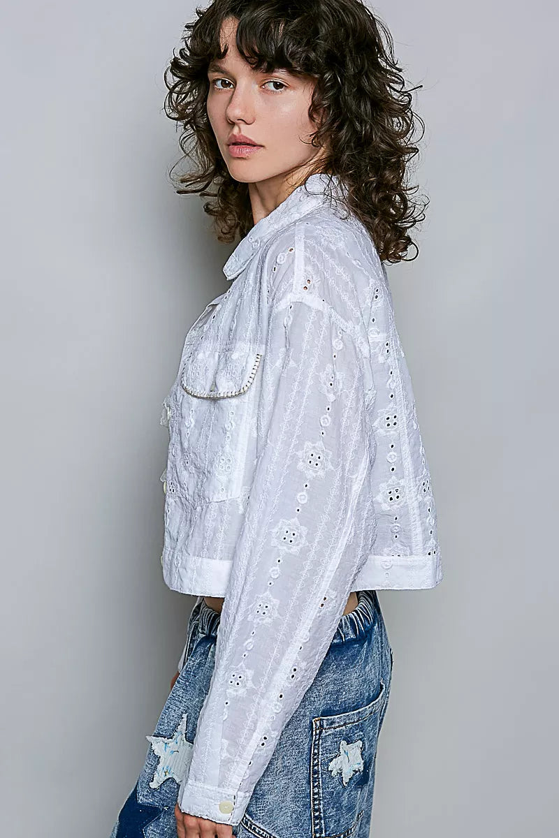 POL Eyelet Textured Cotton Cropped Button Front Jacket in Off White, view 2