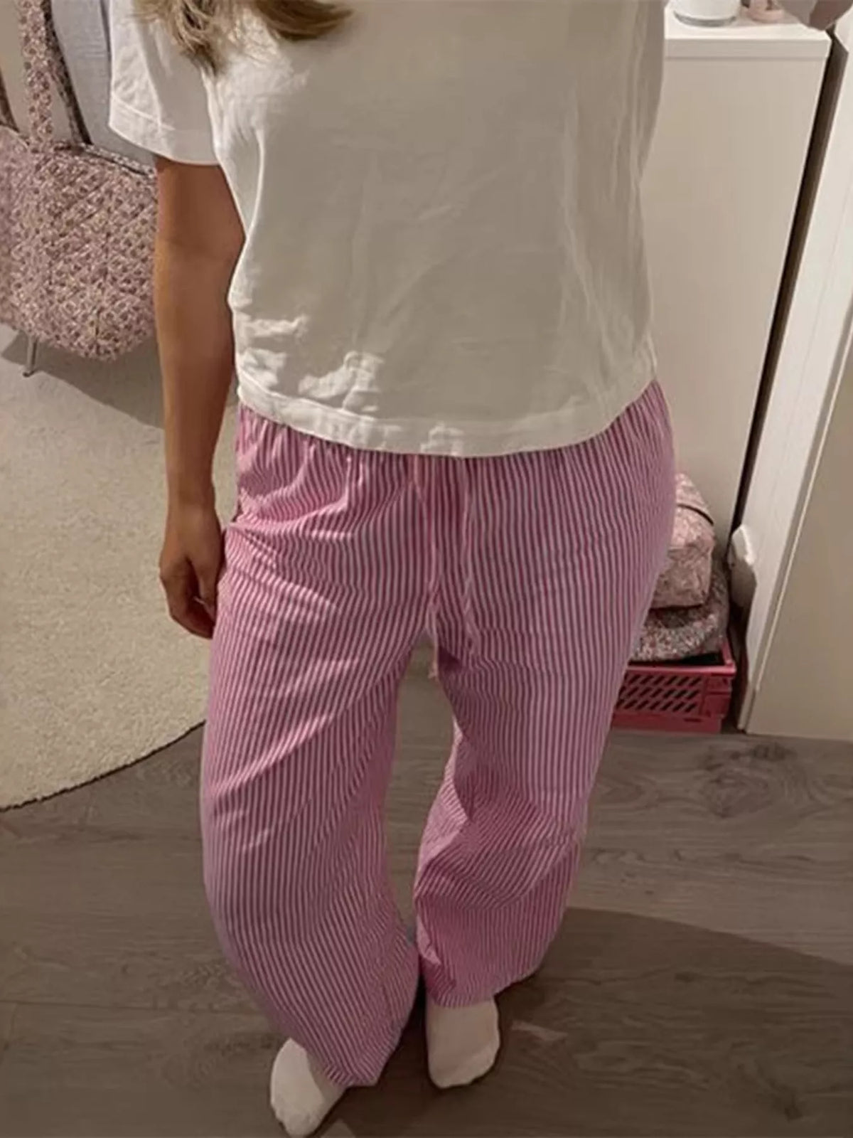 Striped High-Waisted Drawstring Casual Pants
