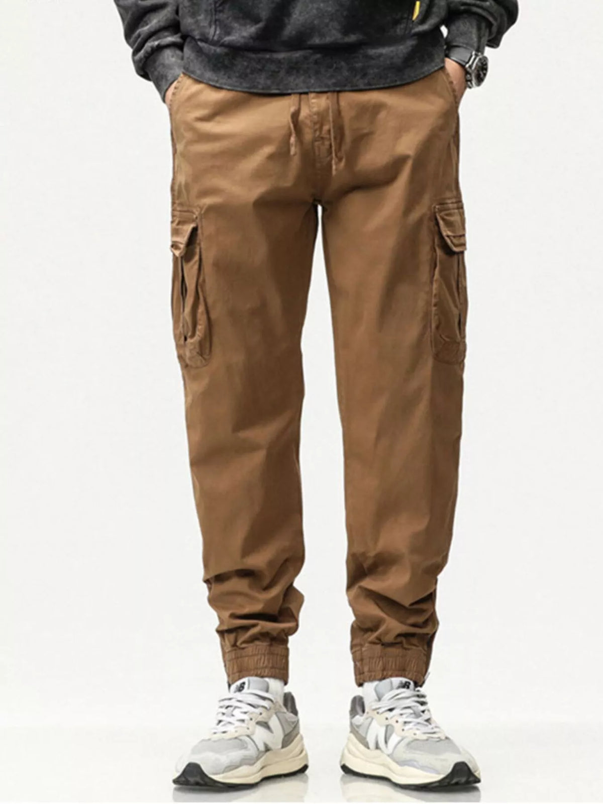Men's Full Size Casual Cargo Pants with Drawstring Waist Plus Size in Brown