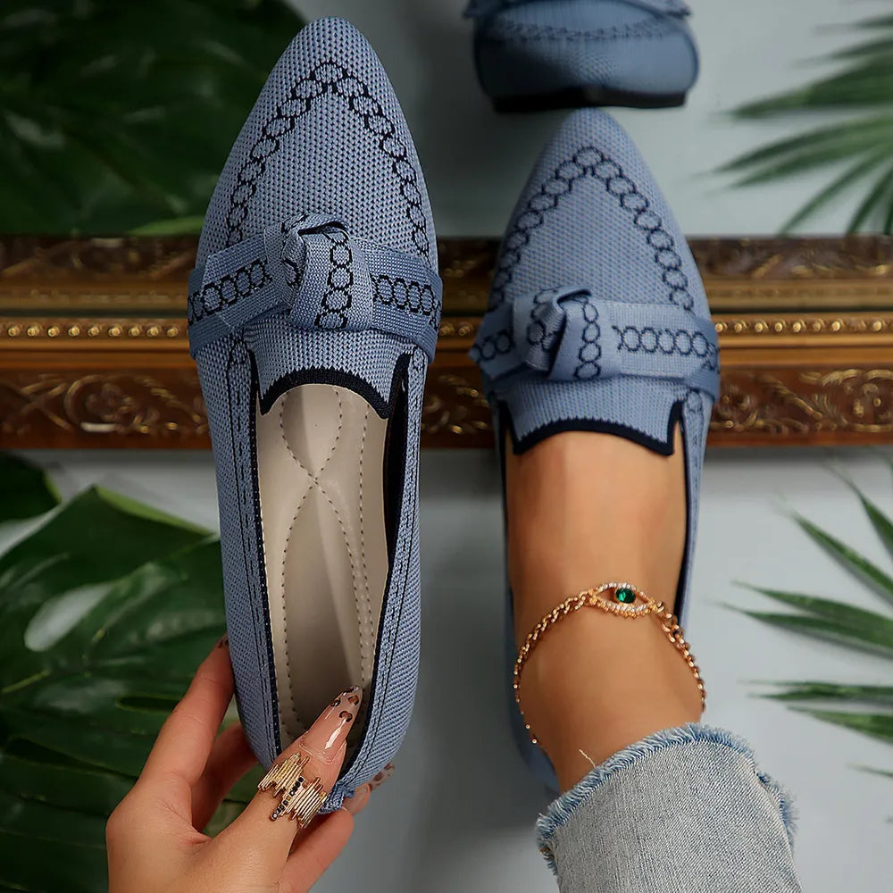 knitted Slip-On Flats with Bow in Dusty Blue