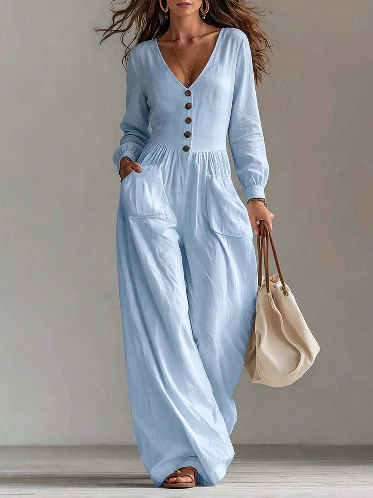 V-Neck Long Sleeve Button Front Wide-Leg Jumpsuit - Lilixa.store