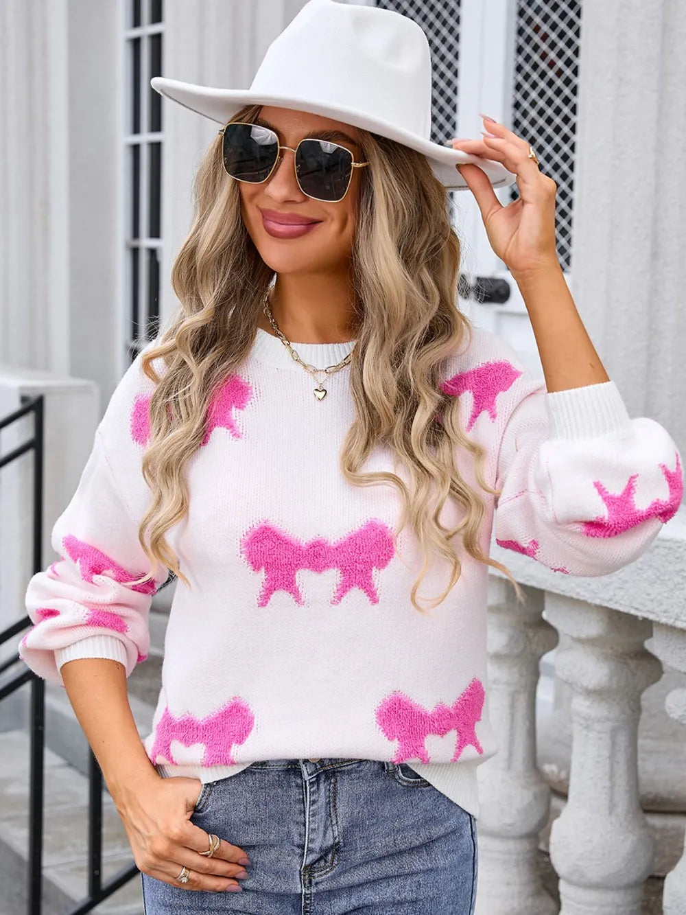 Angel Wings Bow Round Neck Dropped Shoulder Sweater, view 8