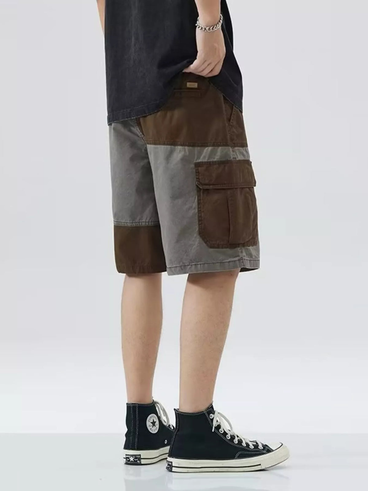 Men's Plus Size Two-Tone Cargo Shorts with Drawstring in Gray, view 4