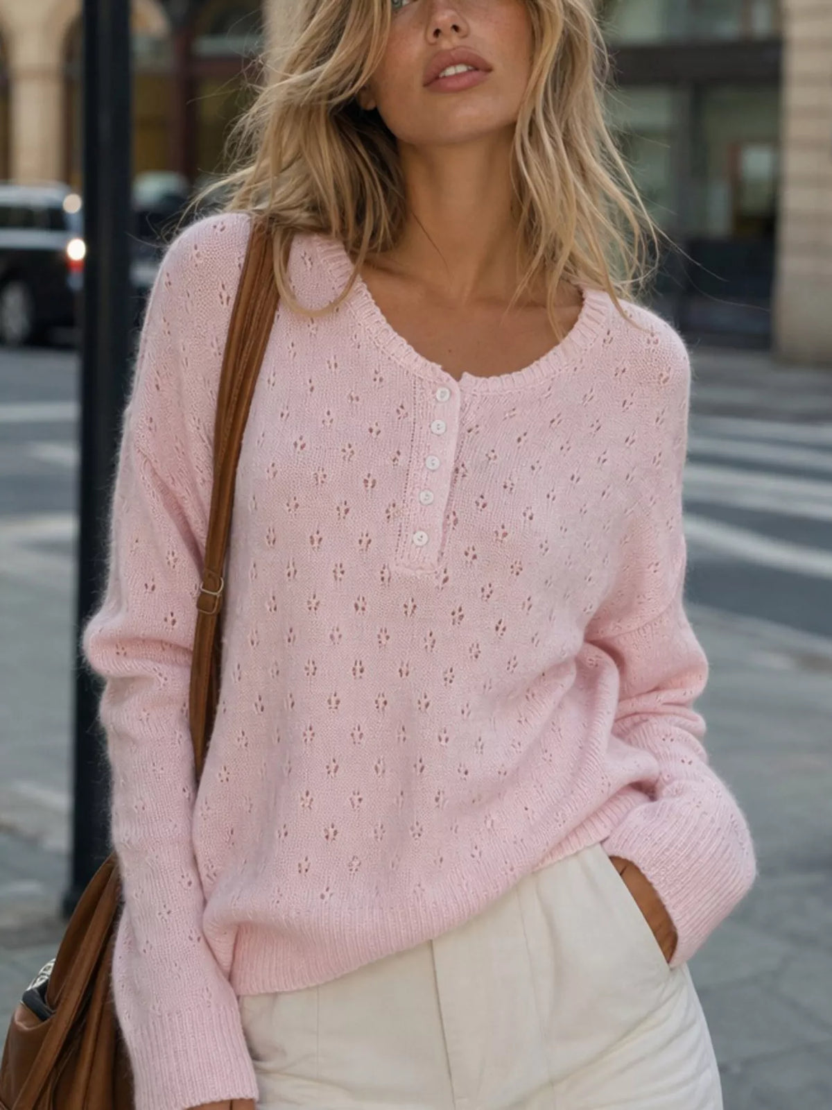 Pointelle Button-Front Round Neck Knit Top in Pink