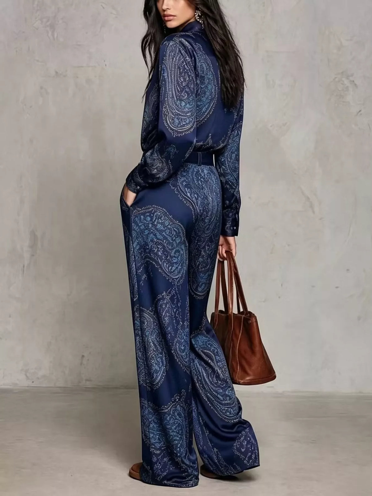 Paisley Print Long Sleeve Shirt and Wide-Leg Pants Set