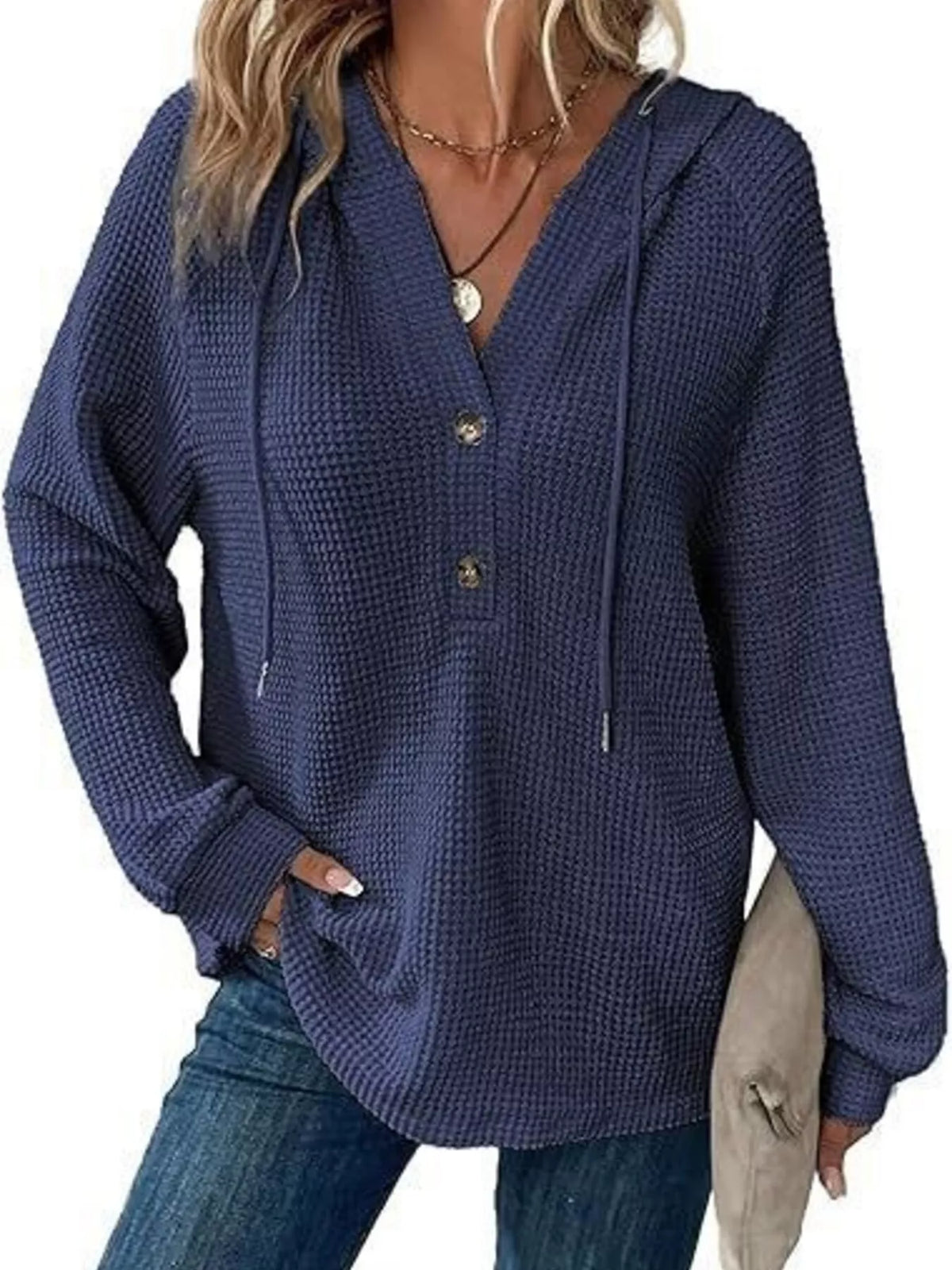 Full Size Waffle Knit Half-Button Hoodie Plus Size - Lilixa.store