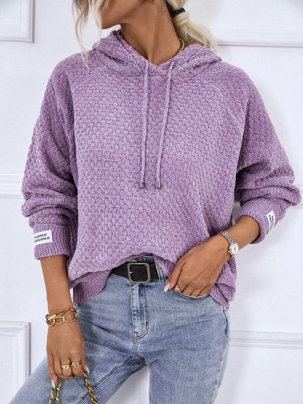 Texture Drawstring Long Sleeve Hooded Sweater, view 2