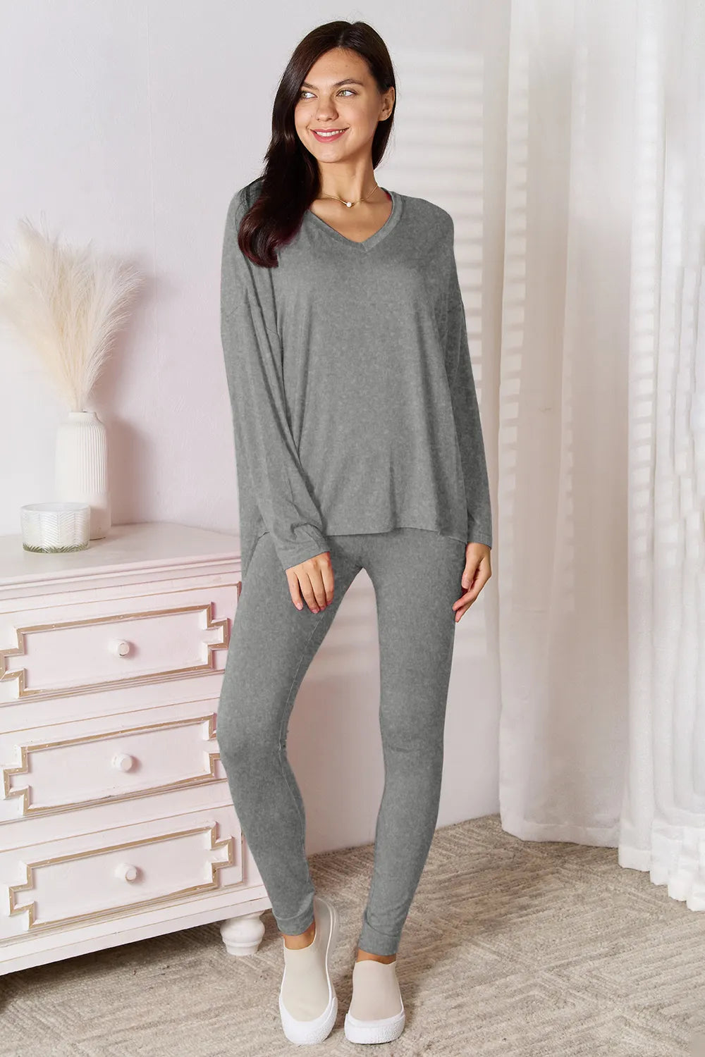 Basic Bae Bamboo Full Size V-Neck Long Sleeve Top and Pants Lounge Set - Lilixa.store