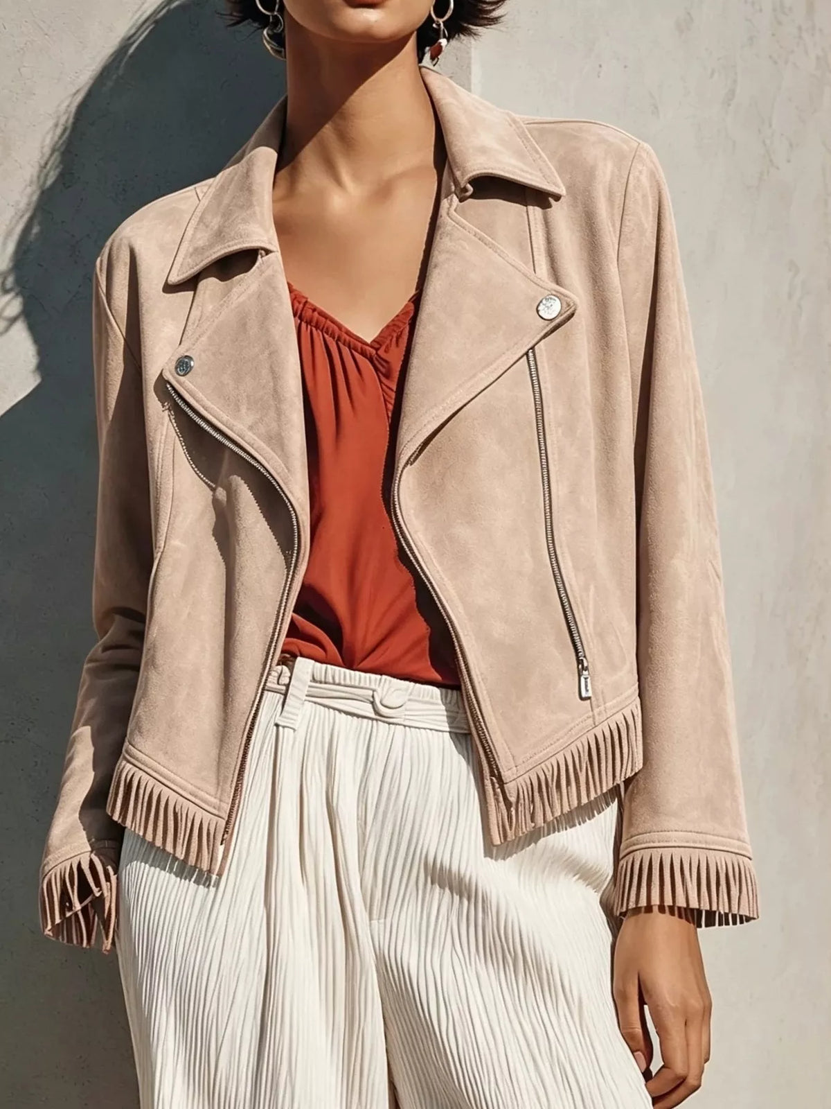 Fringe Hem Zip Up Jacket