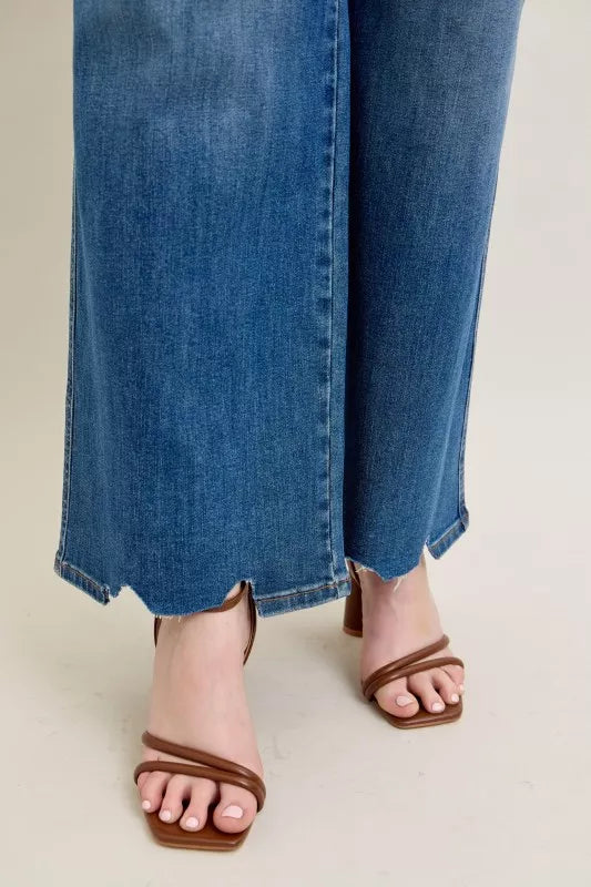 Judy Blue Full Size High Waist Tummy Control Chew Hem Destroy Wide Jeans Plus Size - Lilixa.store