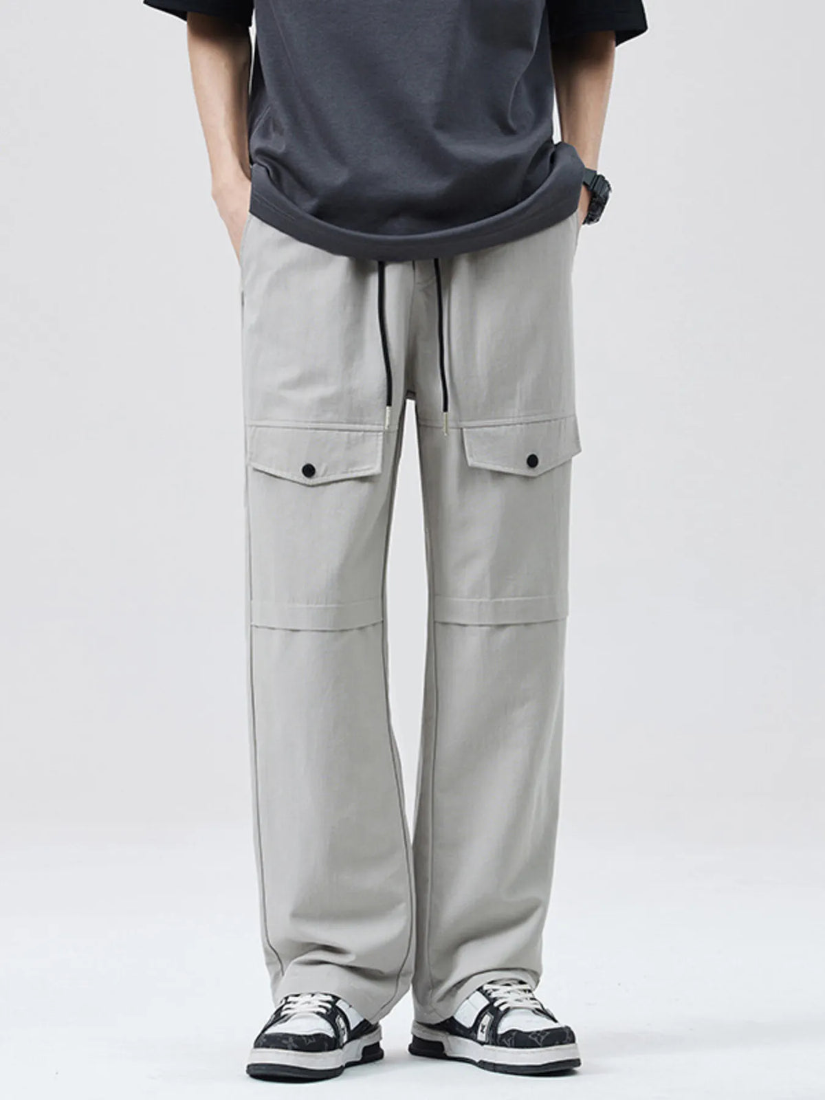 Men's Full Size Drawstring Wide Leg Cargo Pants Plus Size in Grey