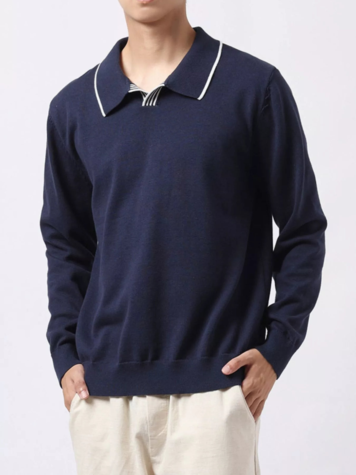 Men's Plus Size Long-Sleeve Contrast Trim Polo