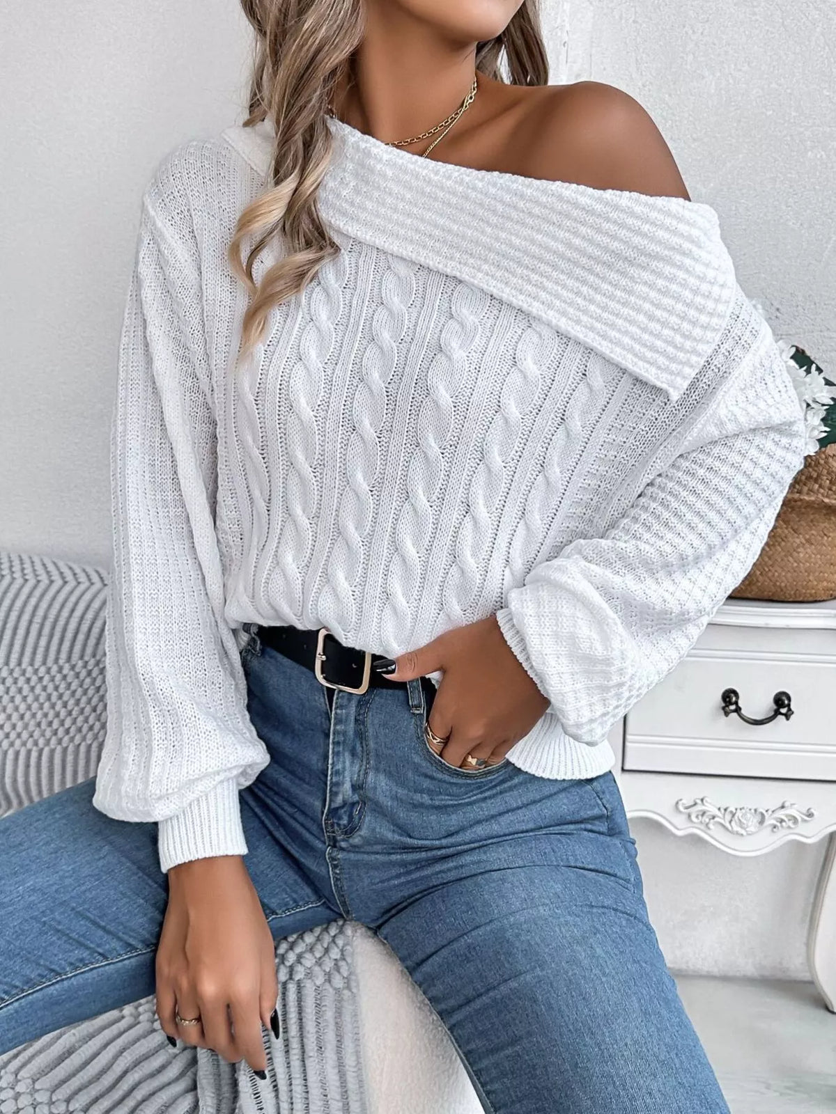 One Shoulder Cable Knit Sweater