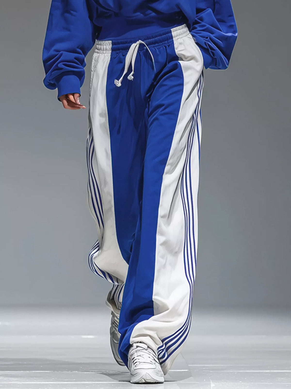 Drawstring Hoodie and Color-Block Wide-Leg Pants Set