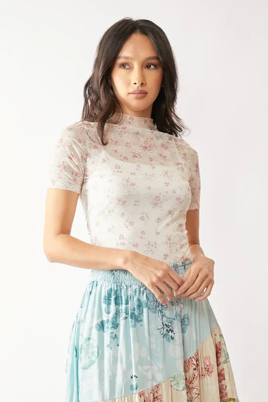Davi & Dani Floral Mesh Mock Neck Short Sleeve Top - Lilixa.store
