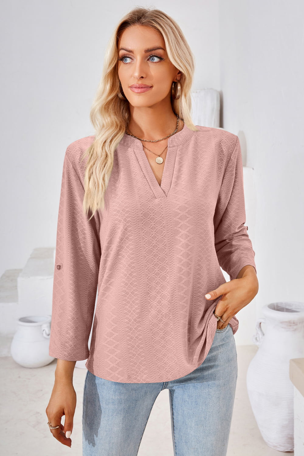 V-Neck Roll-Tap Sleeve Blouse in Dusty Pink