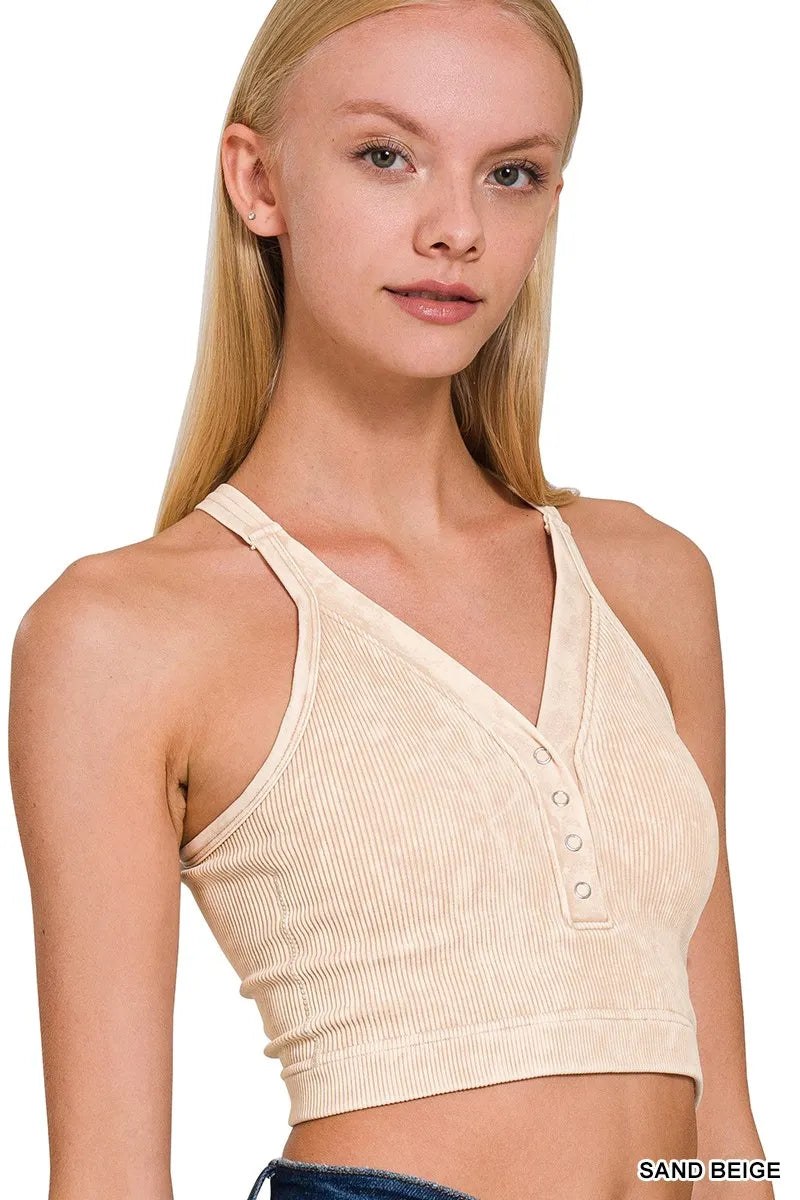 Zenana Washed Ribbed Seamless Button V-neck Tank Top - Lilixa.store
