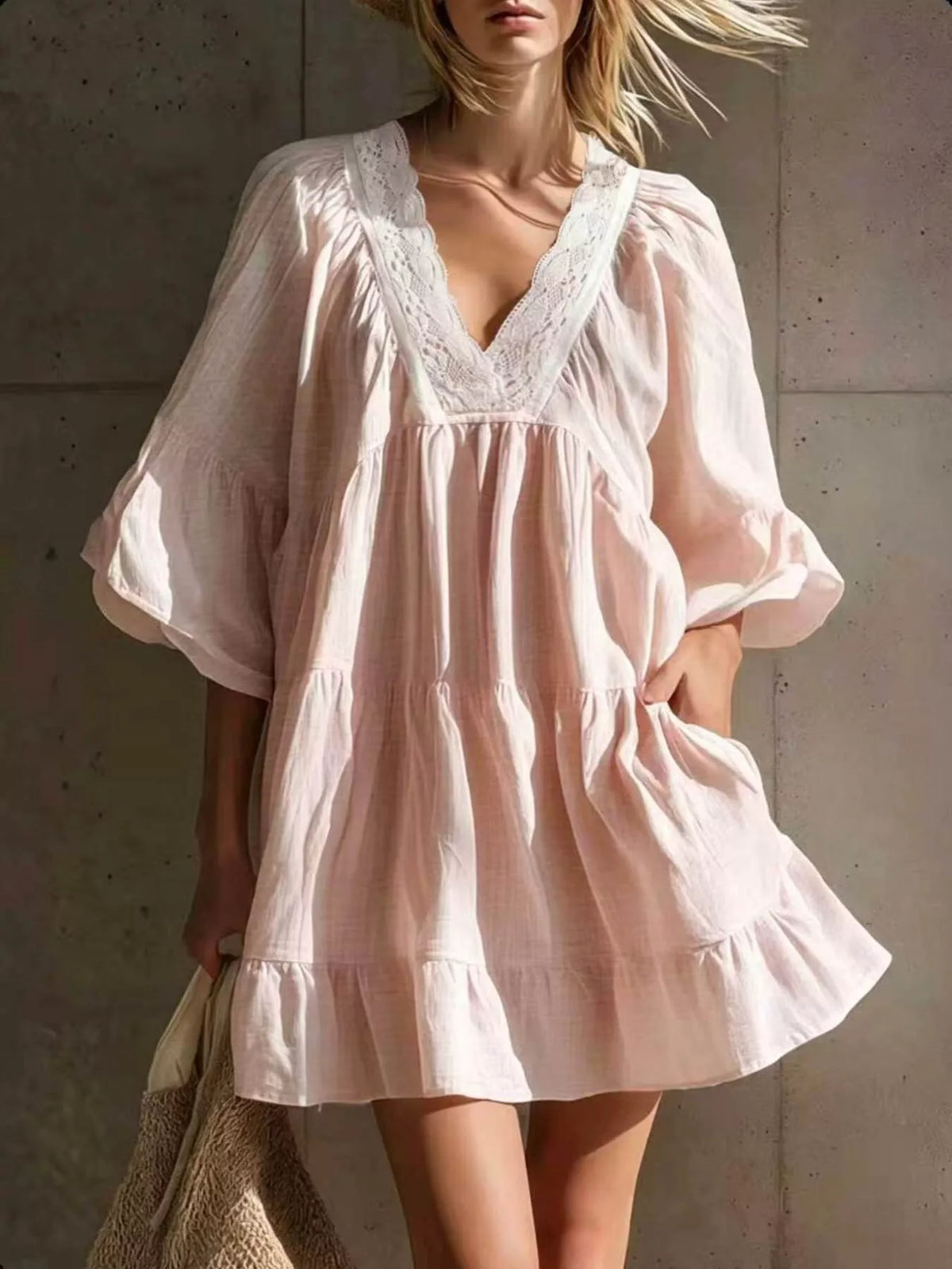 Full Size Lace Trim Puff Sleeve Mini Dress Plus Size