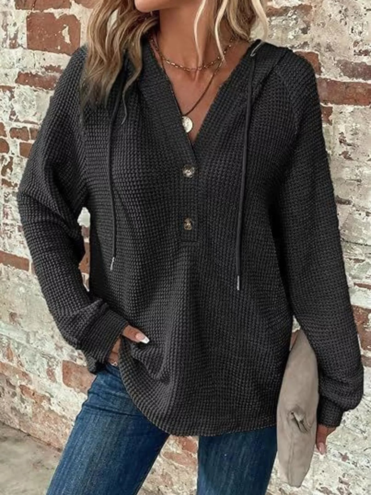 Full Size Waffle Knit Half-Button Hoodie Plus Size - Lilixa.store