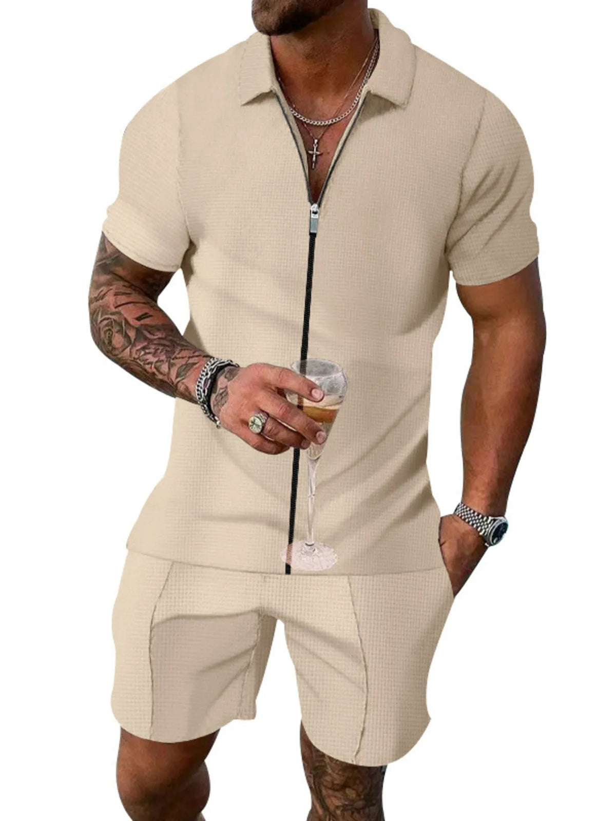 Men's Plus Size Zip Up Short Sleeve Top and Shorts Set in Khaki