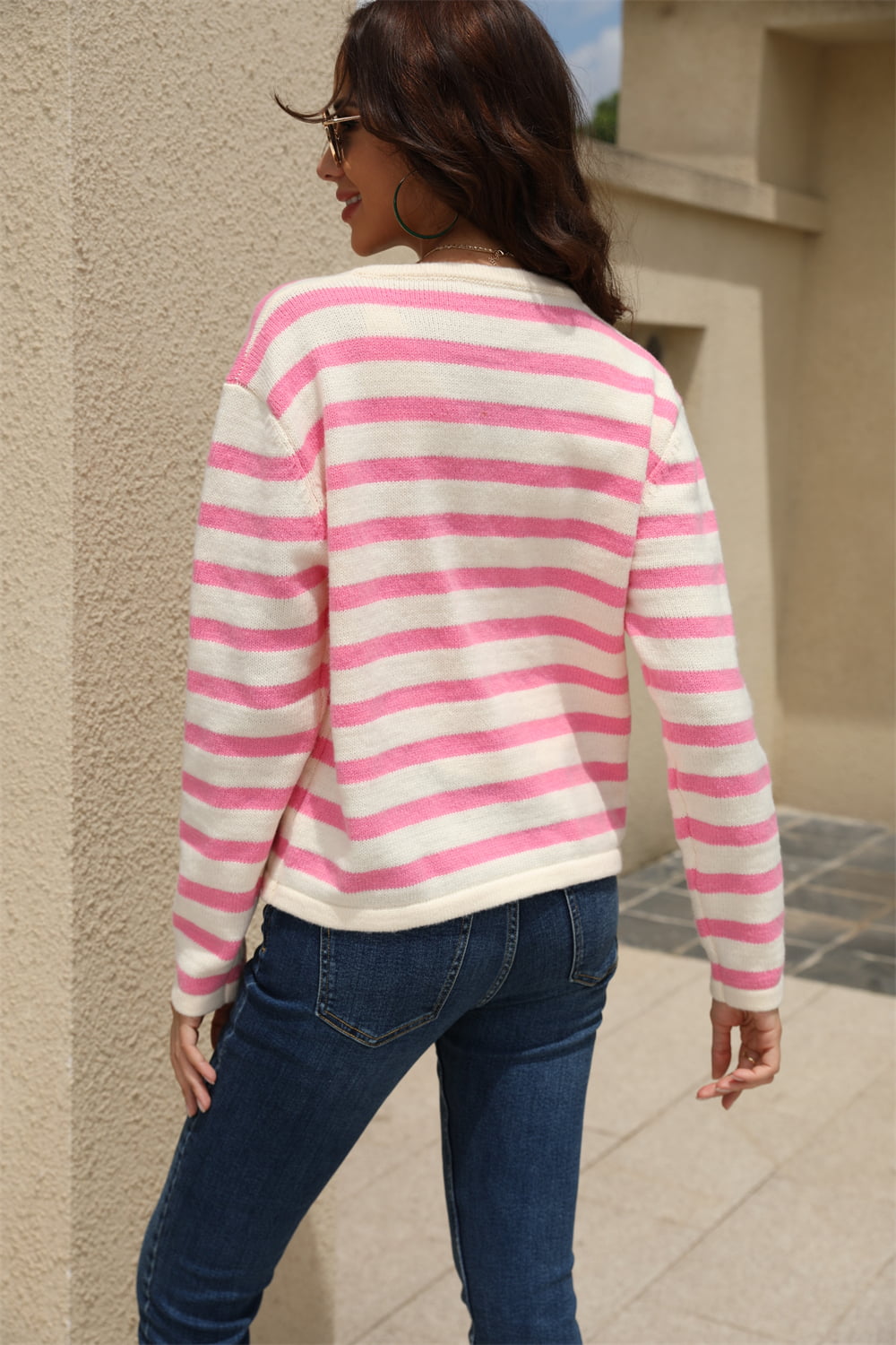 Angel Wings Striped Round Neck Button-Down Dropped Shoulder Cardigan - Lilixa.store