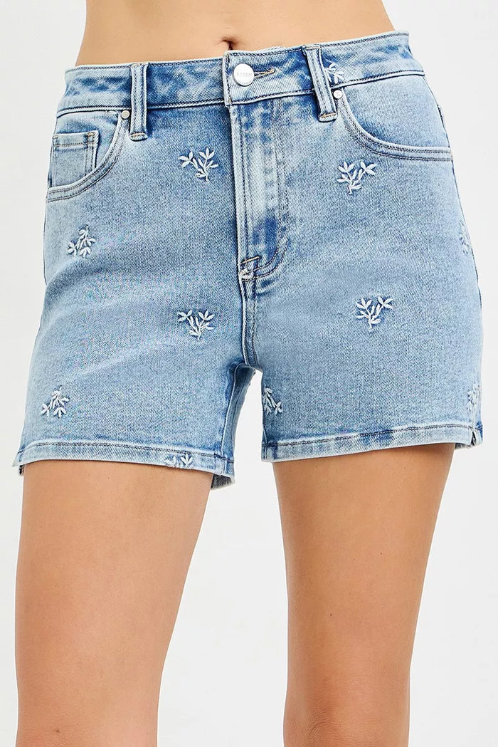 RISEN High Rise Denim Shorts with Embroidered Detail - Lilixa.store