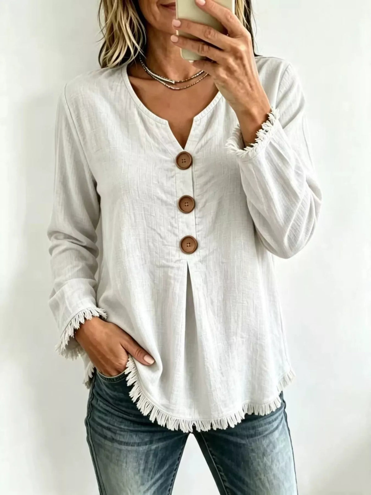 Full Size Casual Half-Button Blouse with Frayed Hem Detail Plus Size in White
