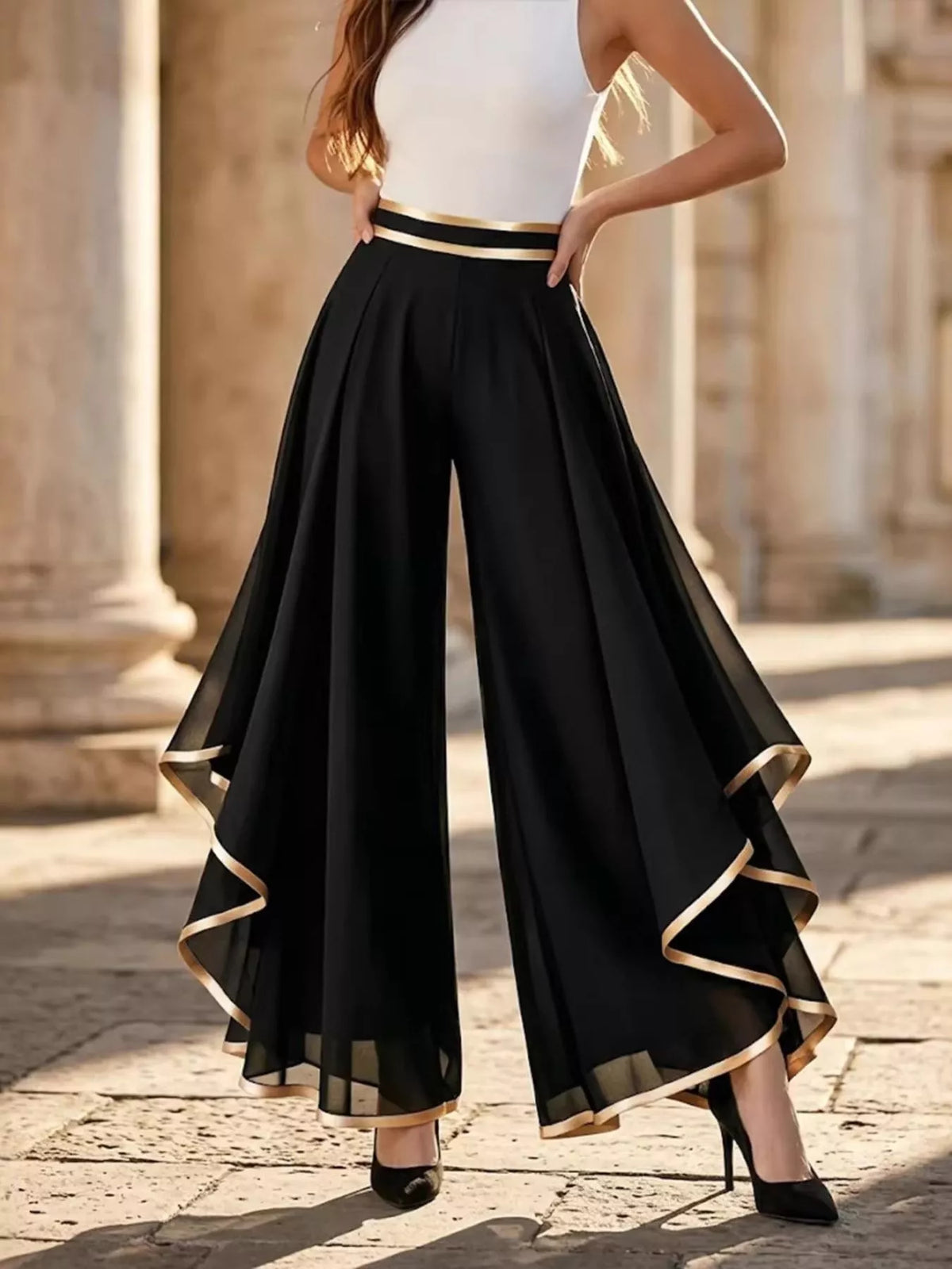 Full Size High-Waisted Chiffon Wide-Leg Pants Plus Size