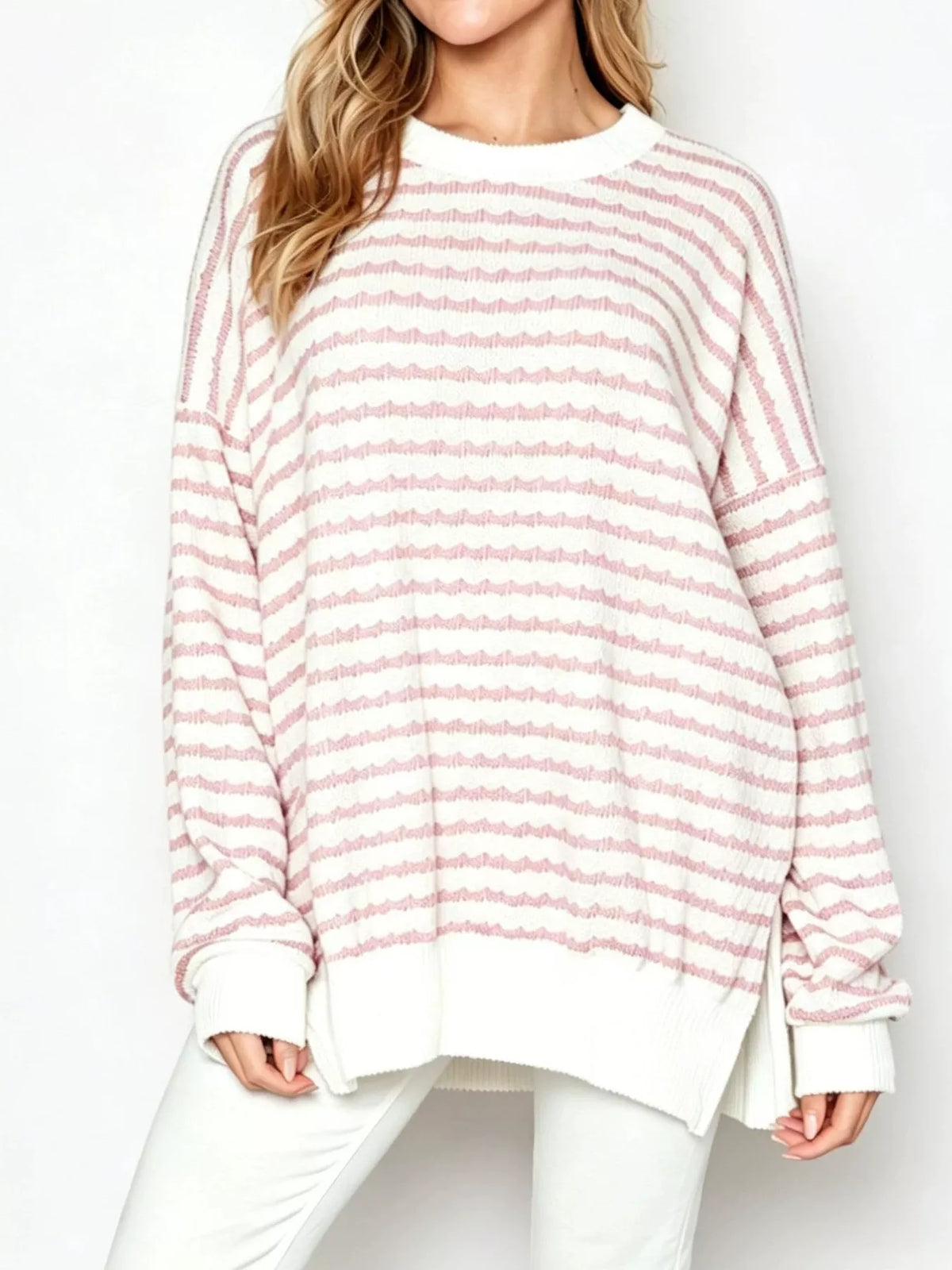 Oversized Striped Crew Neck Sweatshirt in Pink