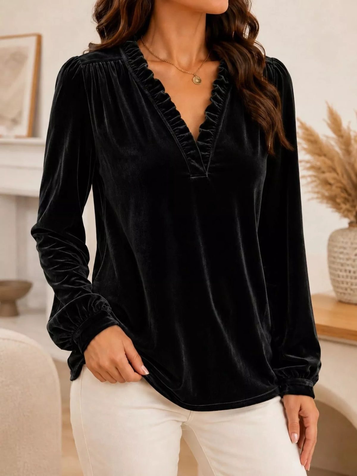 V-Neck Ruffle Trim Velvet Blouse - Lilixa.store