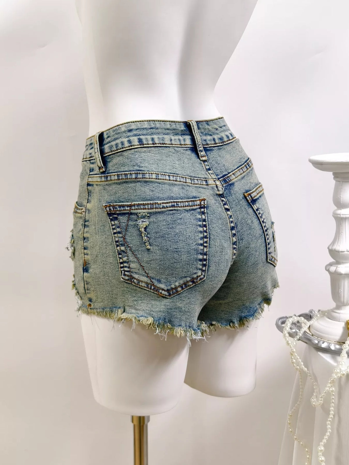 High-Waisted Distressed Raw Hem Denim Shorts, view 6
