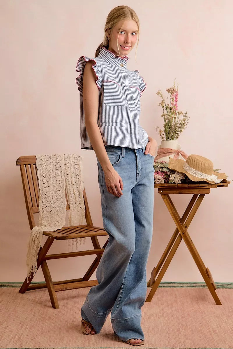 SO ME Stripe Twill Stitch Ruffled Hidden Button Vest Top - Lilixa.store