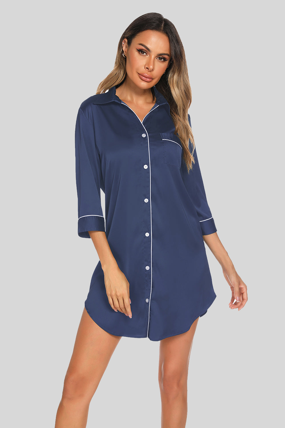 Button Up Collared Neck Night Dress with Pocket - Lilixa.store