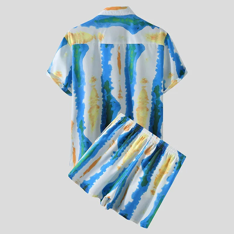 Men's Full Size Printed Button Up Short Sleeve Shirt and Shorts Plus Size in Light Blue, view 2