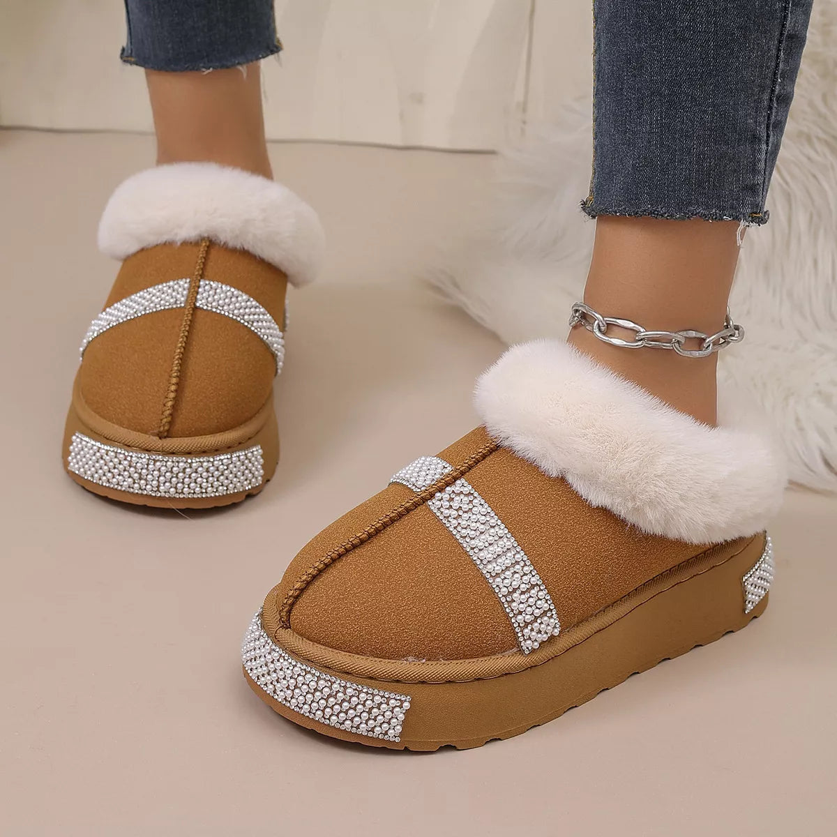 Rhinestone Embellished Faux Fur Lined Platform Boots - Lilixa.store