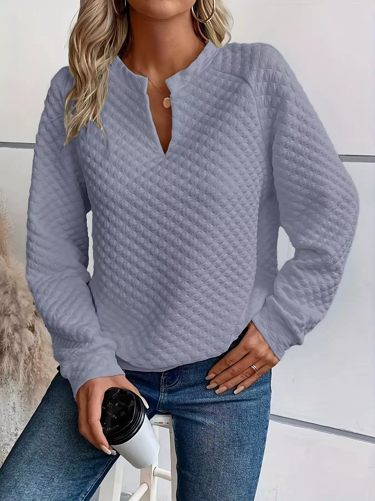 Quilted Texture Long Sleeve Sweatshirt with Notched Neck - Lilixa.store