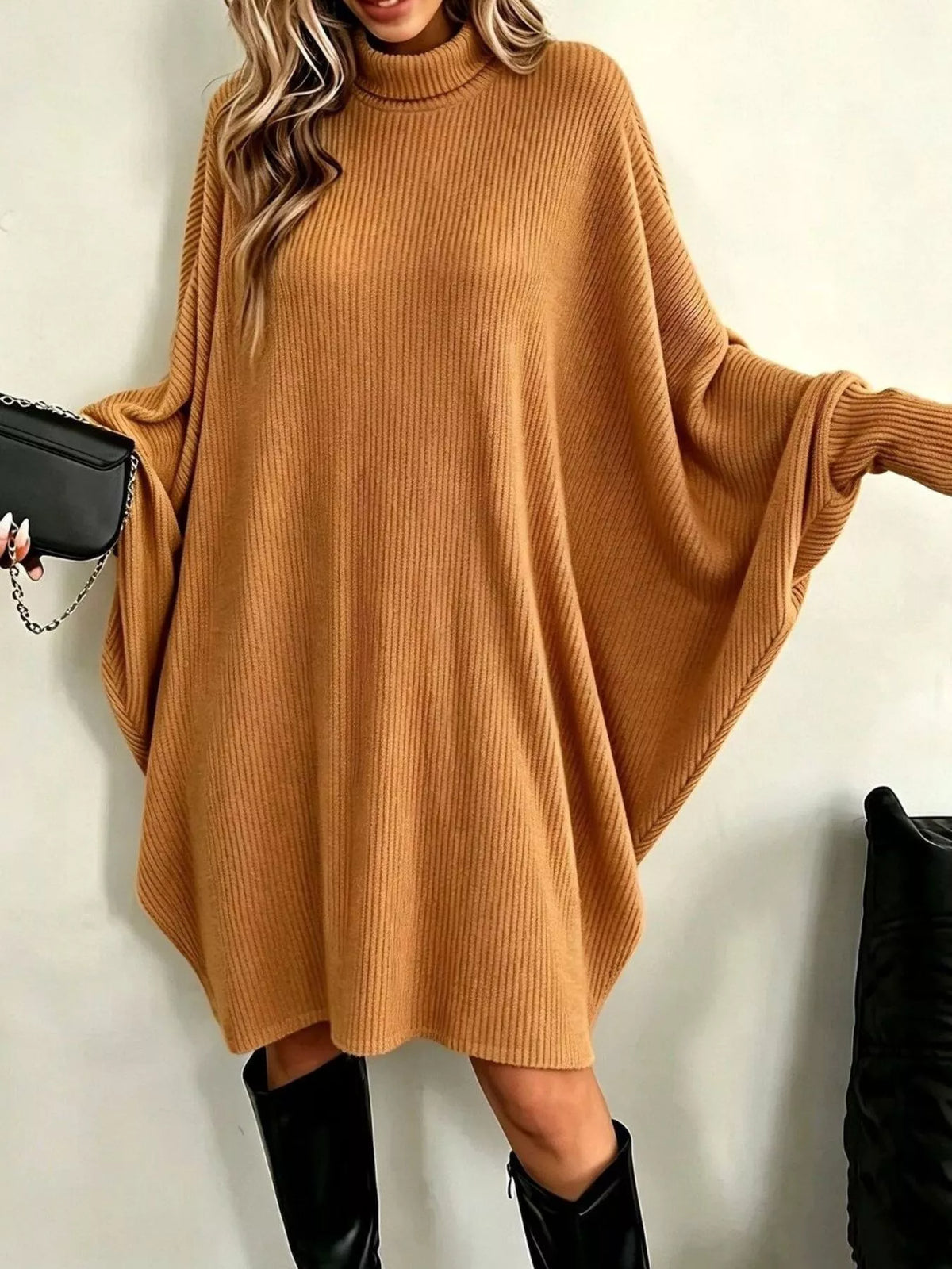 Oversized Batwing Sleeve Ribbed Knit Turtleneck Dress - Lilixa.store