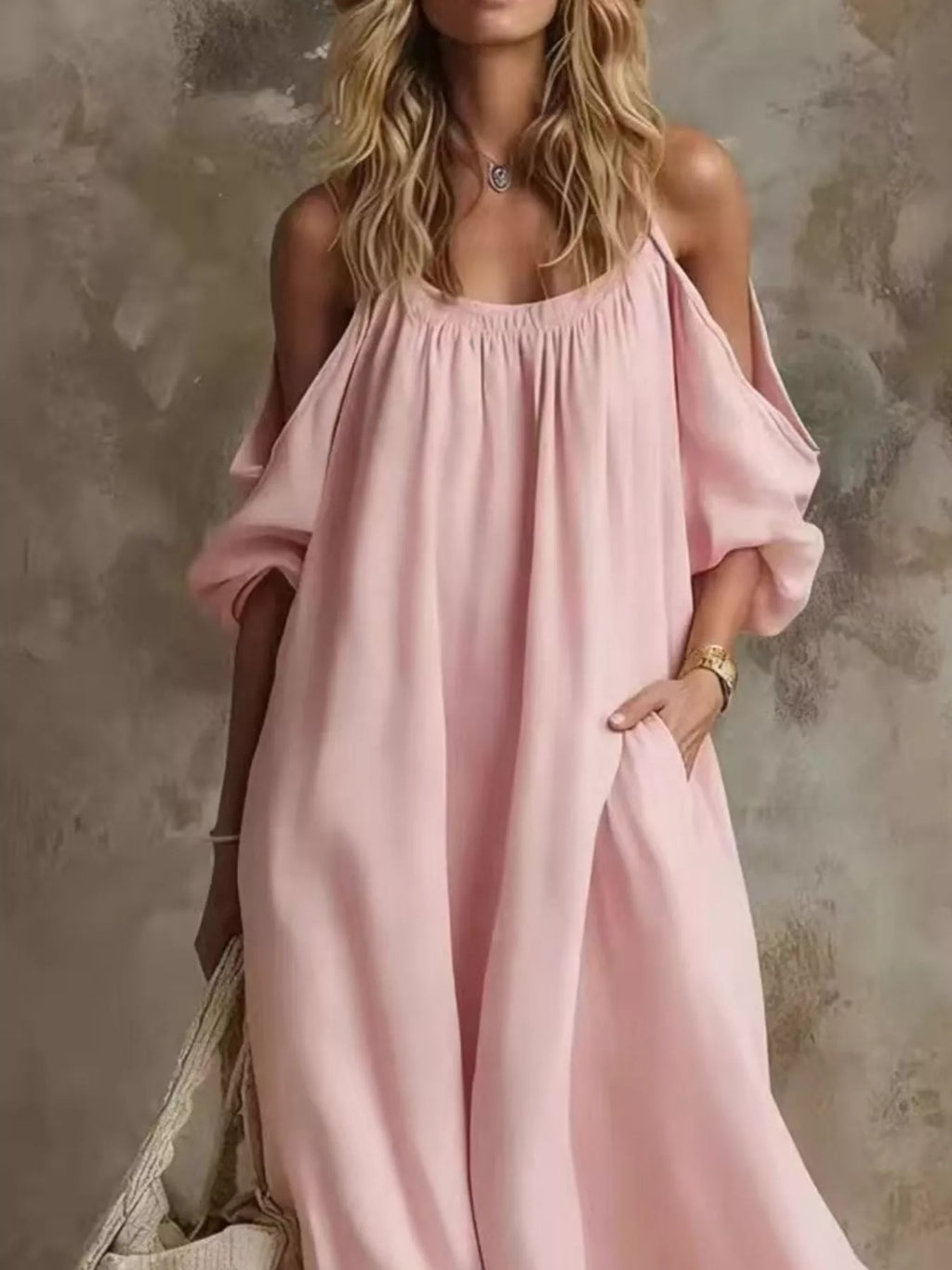 Full Size Cold-Shoulder Linen Maxi Dress Plus Size - Lilixa.store
