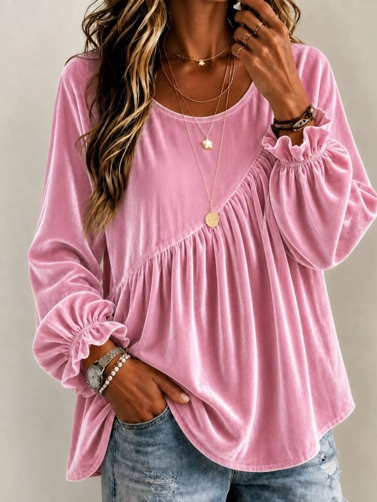 Full Size Velvet Round Neck Long Sleeve Blouse Plus Size - Lilixa.store