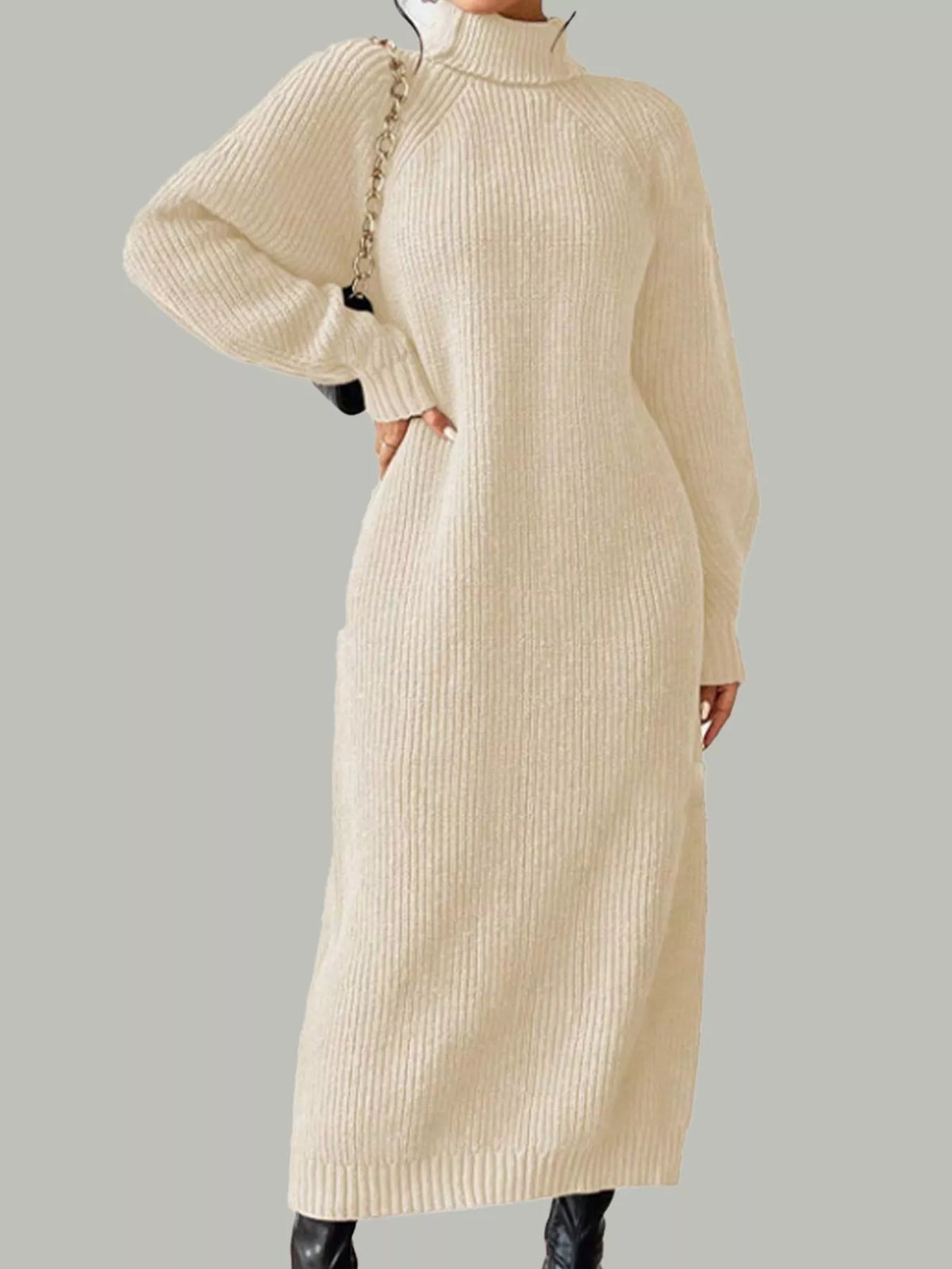 Turtleneck Ribbed Knit Midi Sweater Dress
