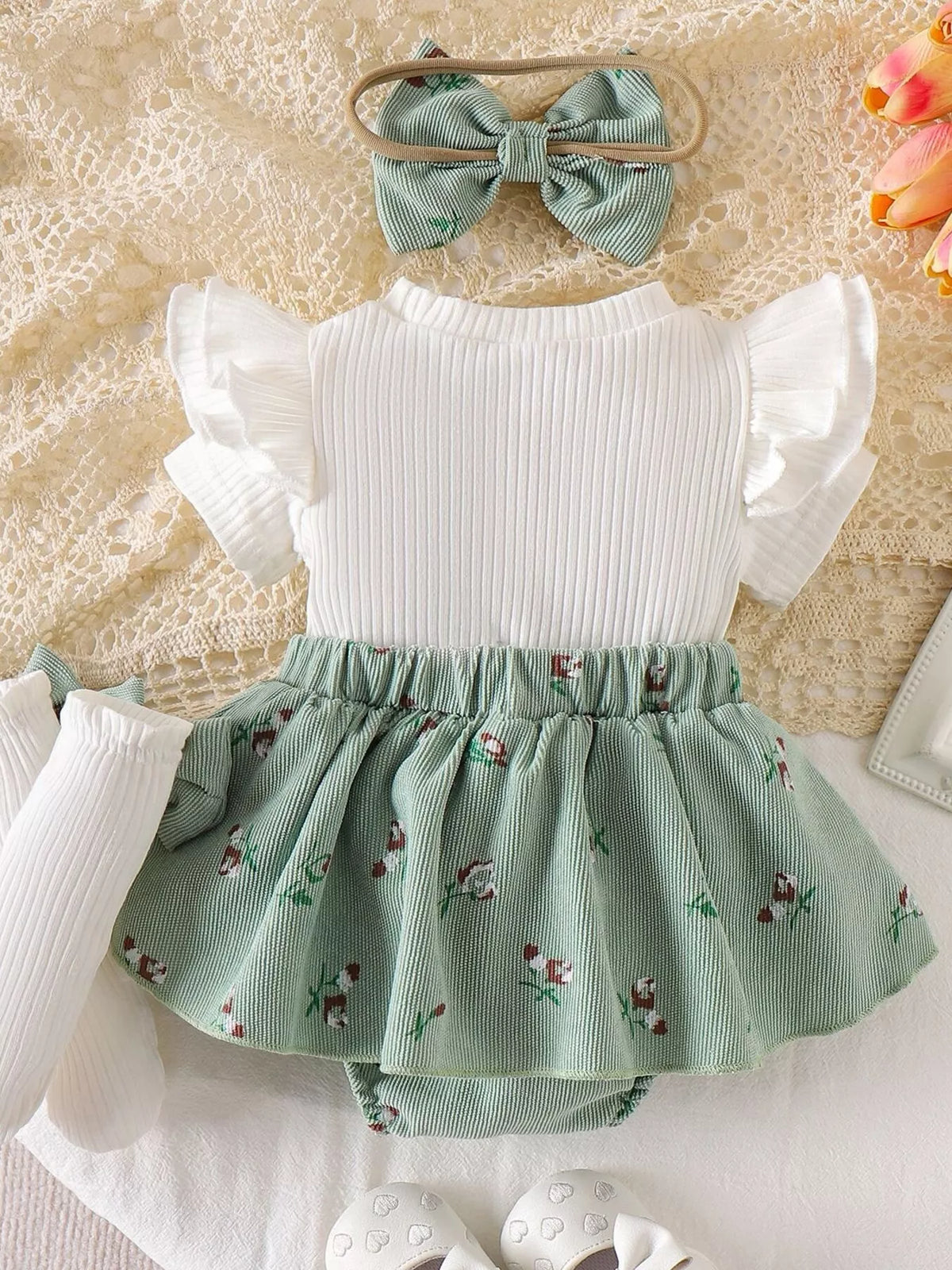Children's Bow Ribbed Knit Dress & Headband & Socks Set - Lilixa.store