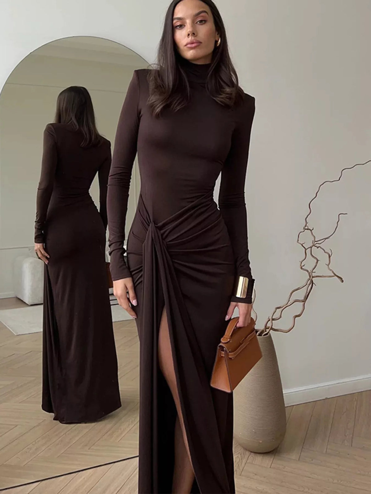 Turtleneck Long Sleeve Tie Waist Maxi Dress in Coffee Brown